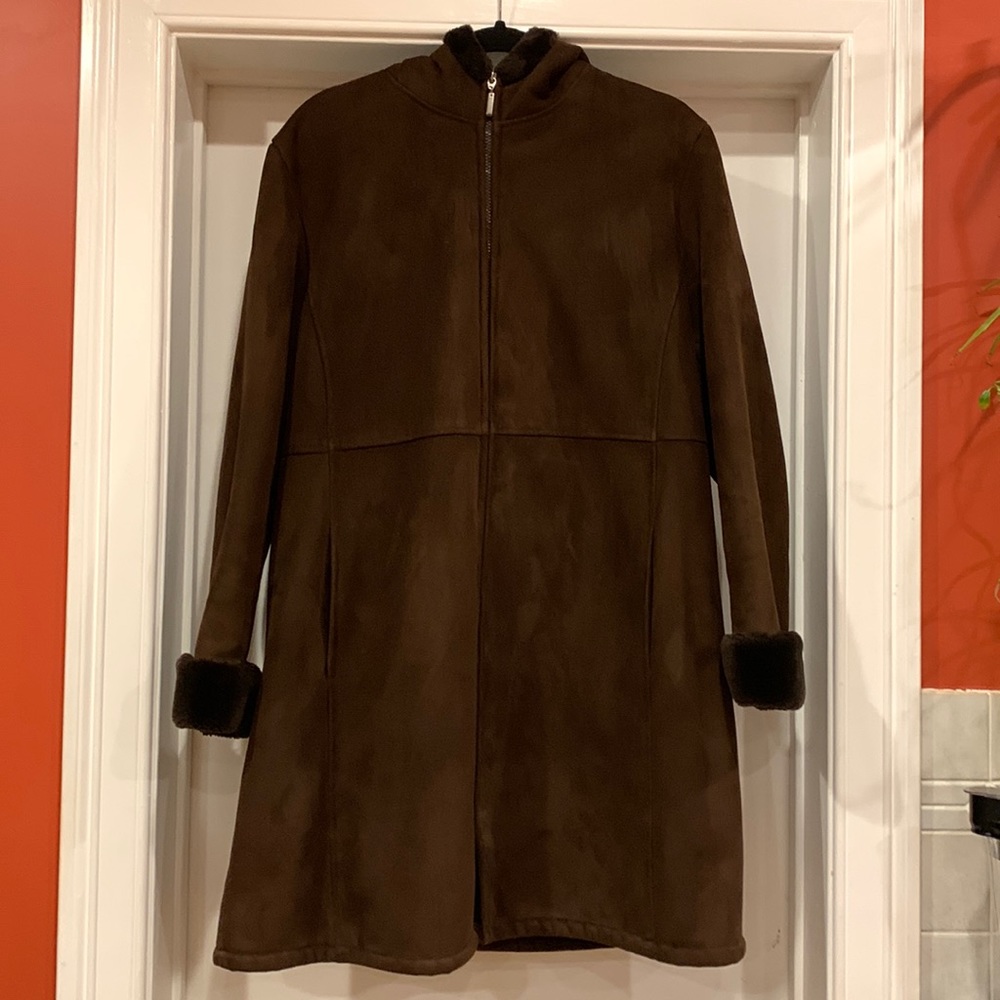 Talbots Coat Winter Jacket Hood Zip Brown Suede-Like Lining Faux Fur Size Large